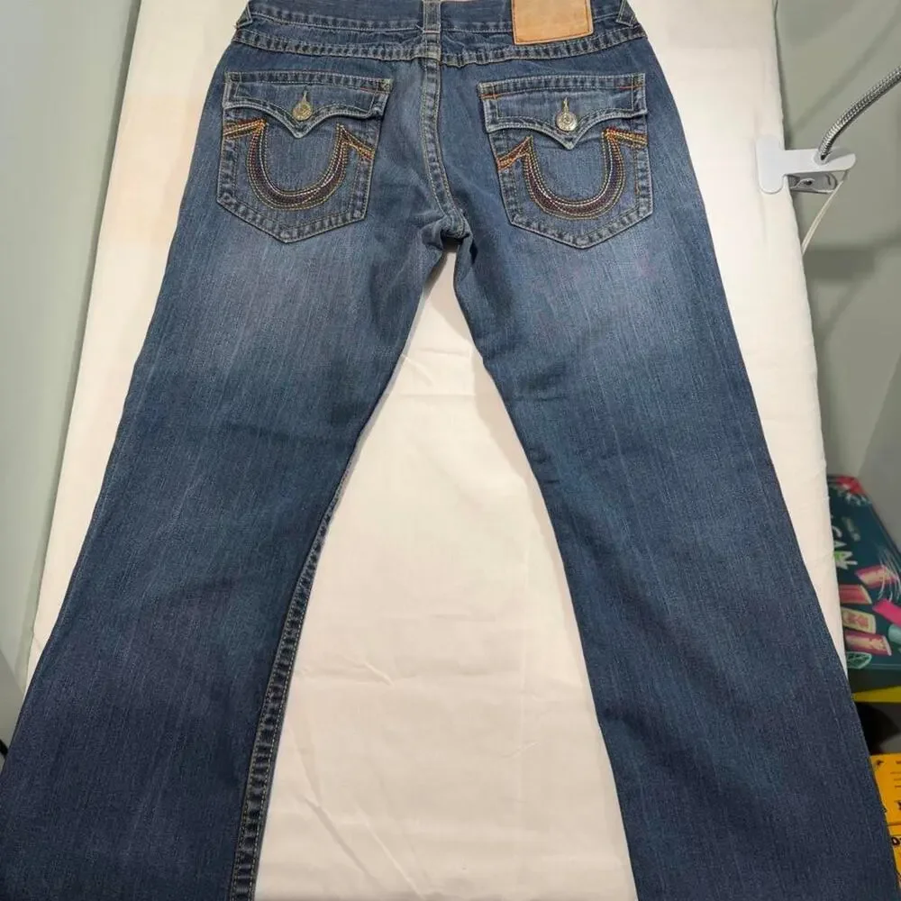 True Religion Joey Super T Jeans Womens 36/31 Rainbow Stitch Flare Low Rise Y2K